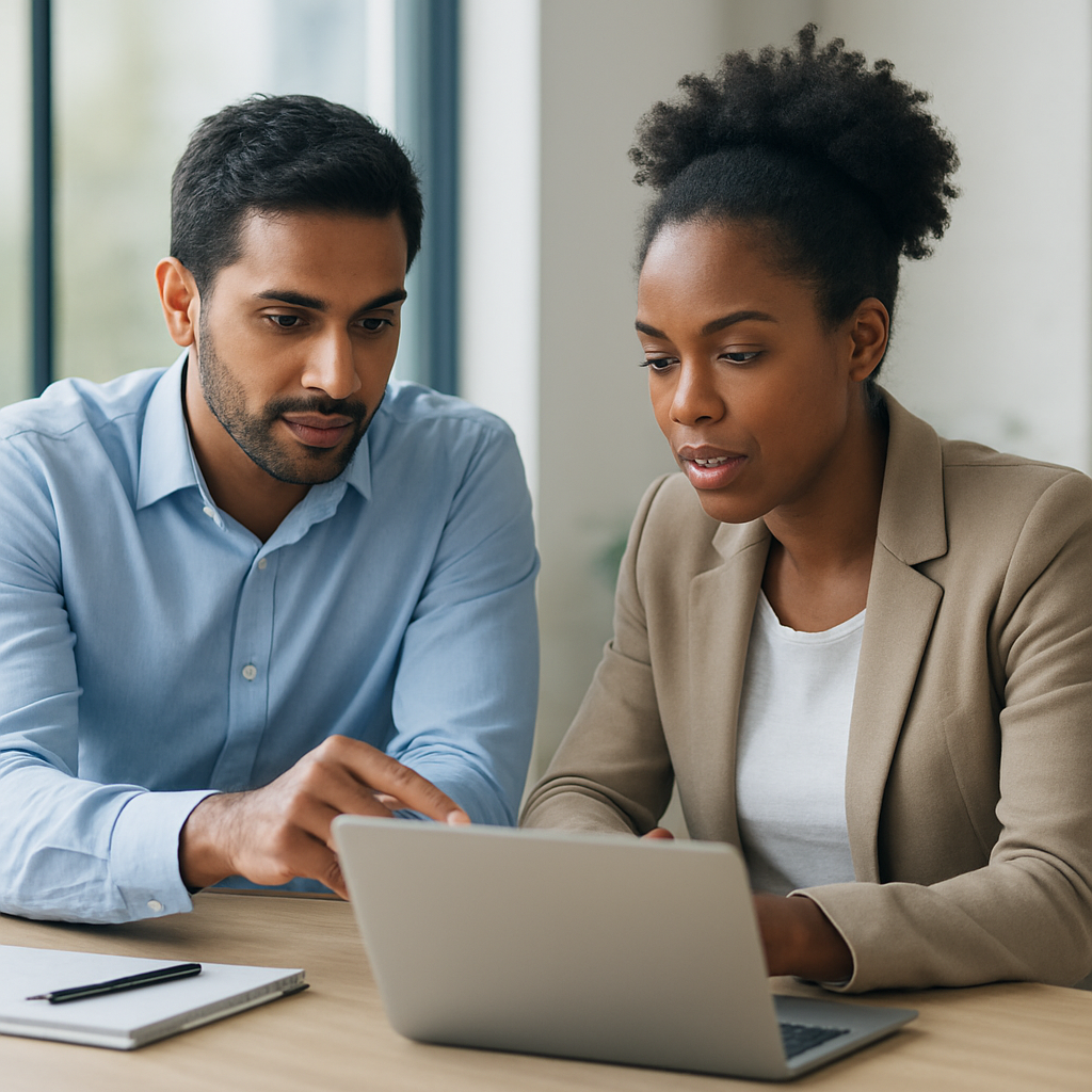 Two colleagues reviewing work together on a laptop in a modern office