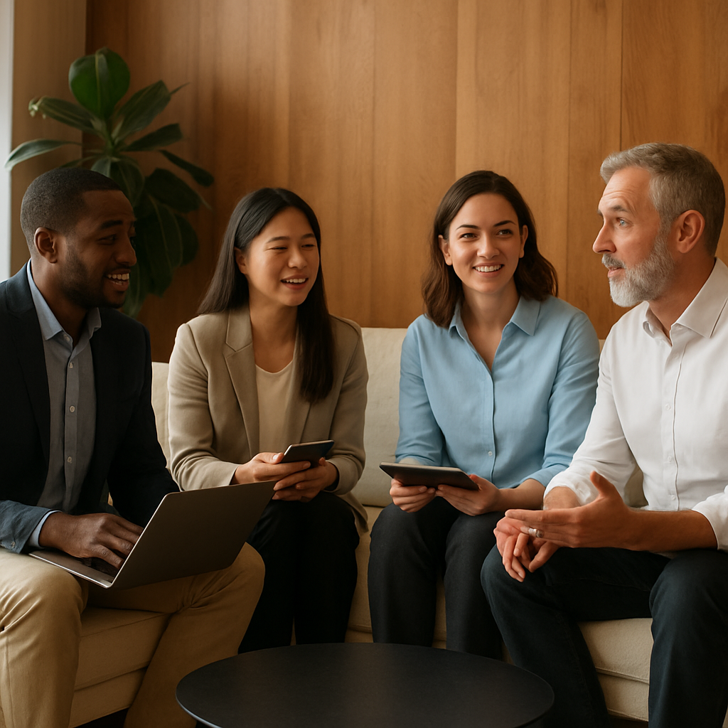 Diverse team of professionals collaborating in a modern office lounge